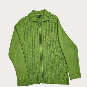 Tally Ho Sweater Womens Size XL Green Full Zip Cable Knit Forest Heavy Cozy